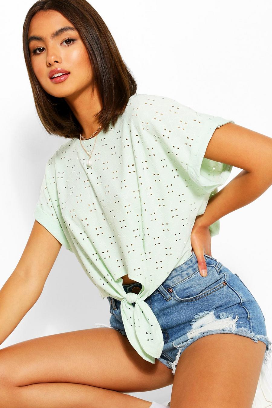 Mint Broderie Anglaise Tie Front Crop Top image number 1