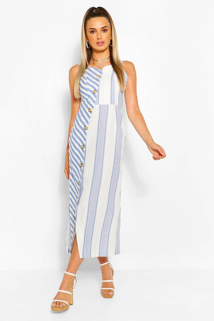 Asymetric Button Front MIxed Stripe Midi Dress image number 1