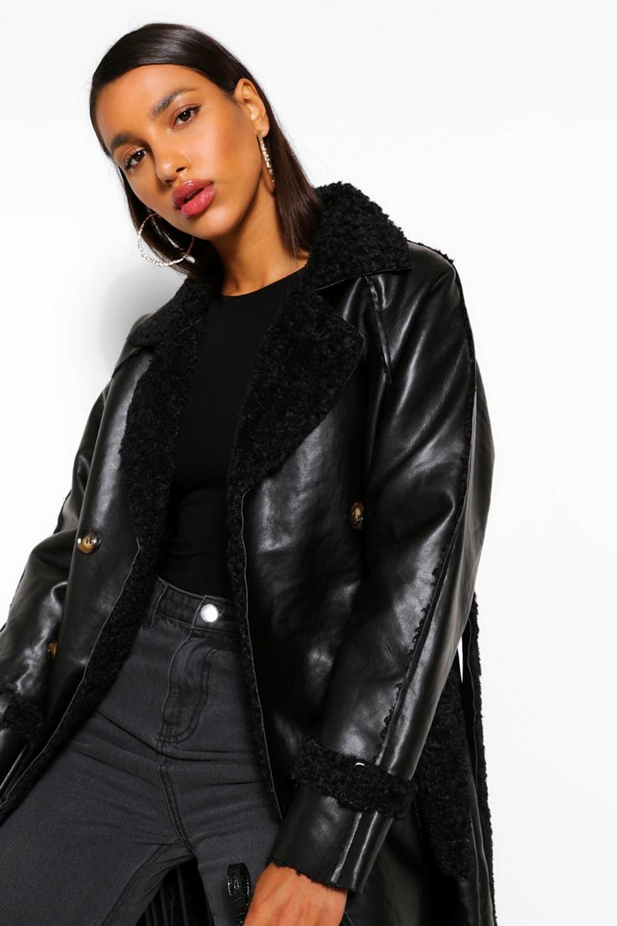 Black Faux Leather Teddy Trim Trench Coat image number 1