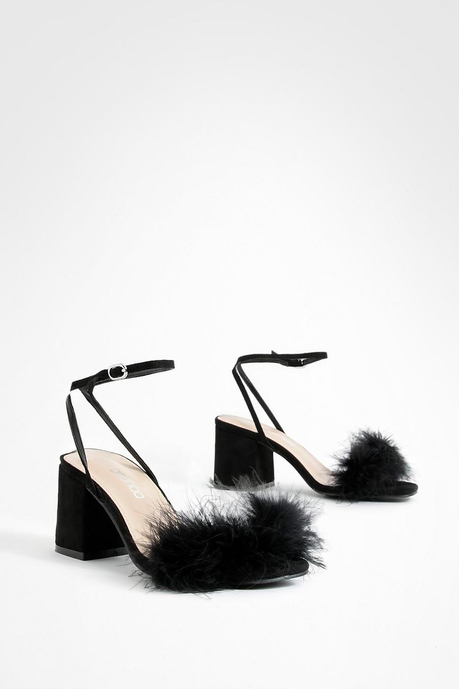 Chaussures à talon avec plumes et bride à la cheville, Noir black