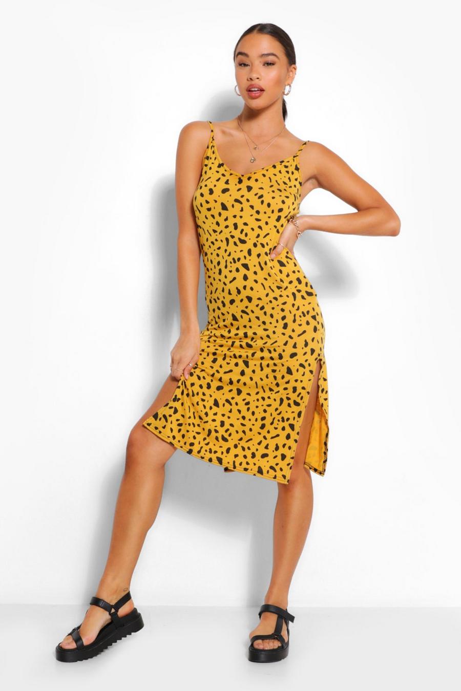 Mustard Smudge Print Jersey Slip Midi Dress image number 1