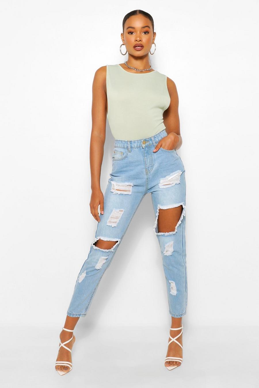 Blue Heavily Distressed Straight Leg Jeans image number 1