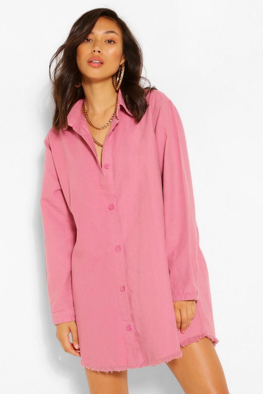 Baby pink Oversize skjortklänning i denim med fransig kant image number 1
