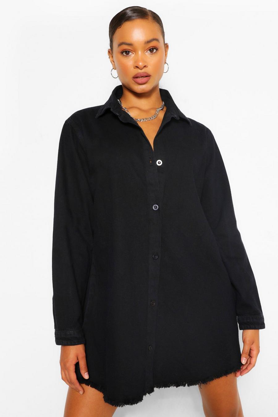Black Oversize skjortklänning i denim med fransig kant image number 1