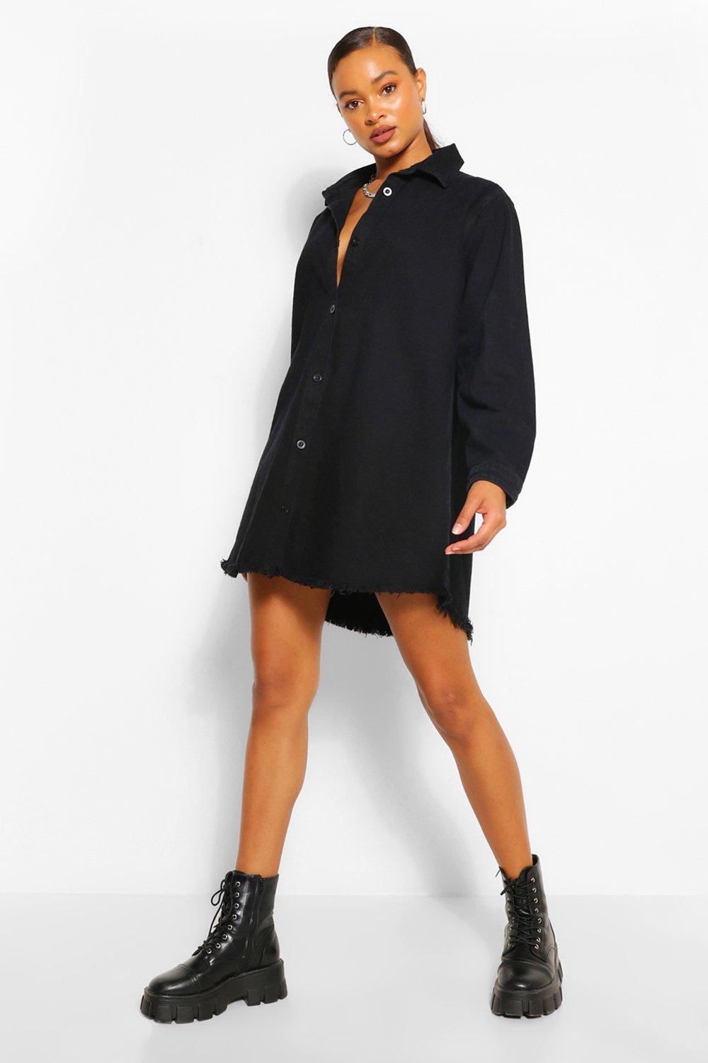 Boohoo black denim dress sale