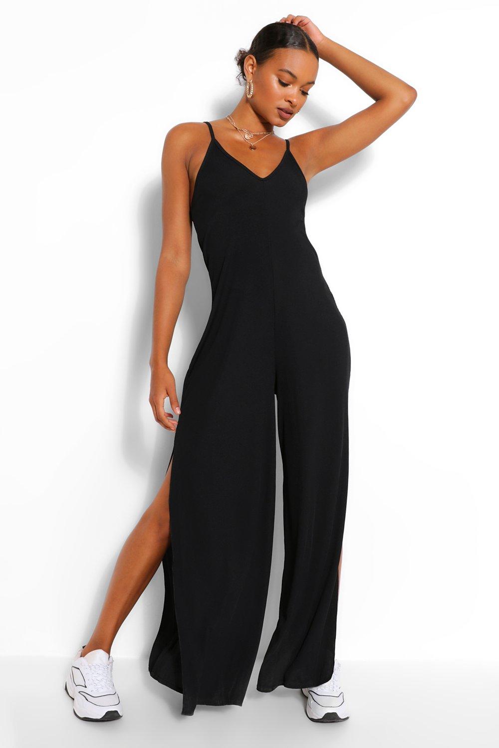 Black plunge side split leg jumpsuit online