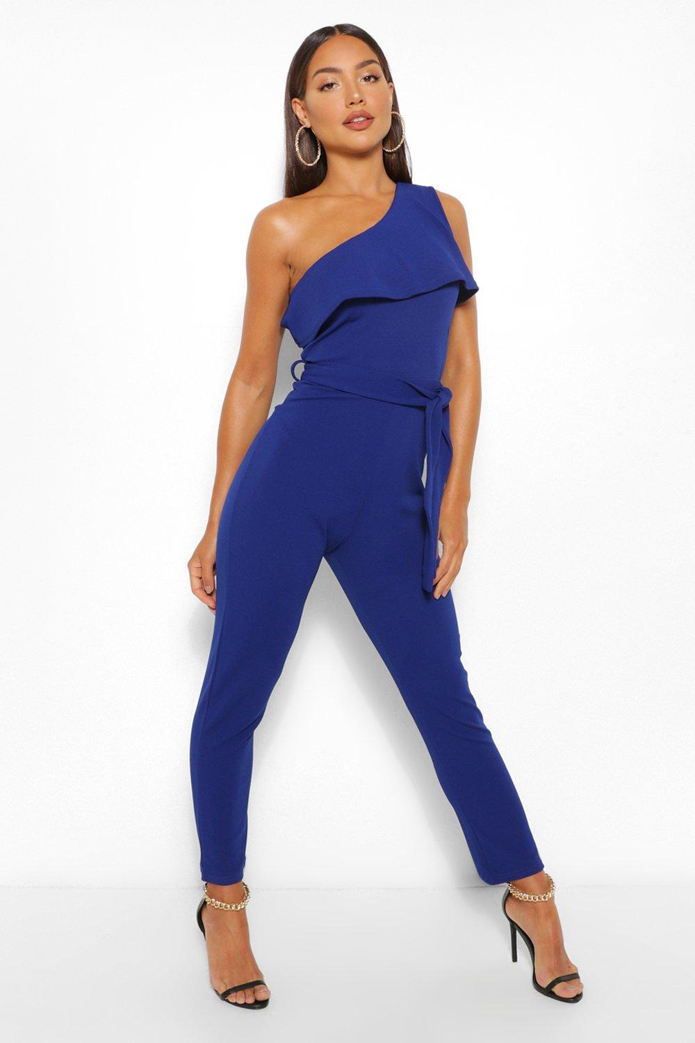 One Shoulder Ruffle Belted Jumpsuit boohoo DK