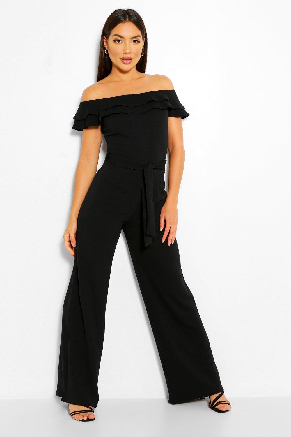 off one shoulder pierced belted wide leg jumpsuit