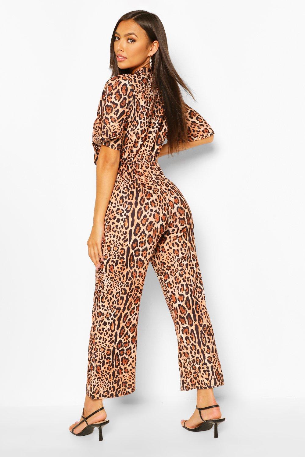 Animal Print Tie Detail Wide Leg Jumpsuit