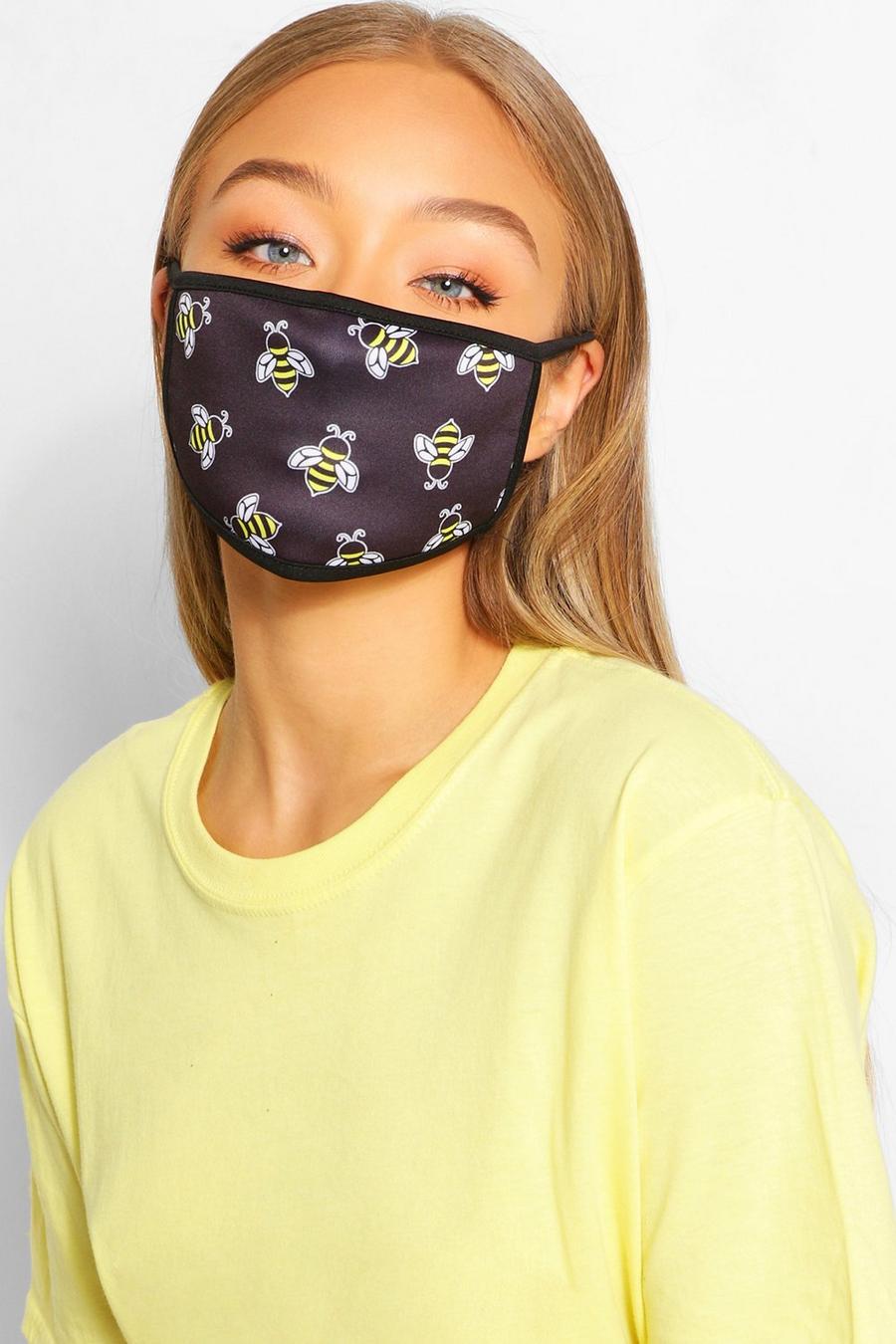 Mascherina alla moda per il viso con stampa di api, Nero image number 1