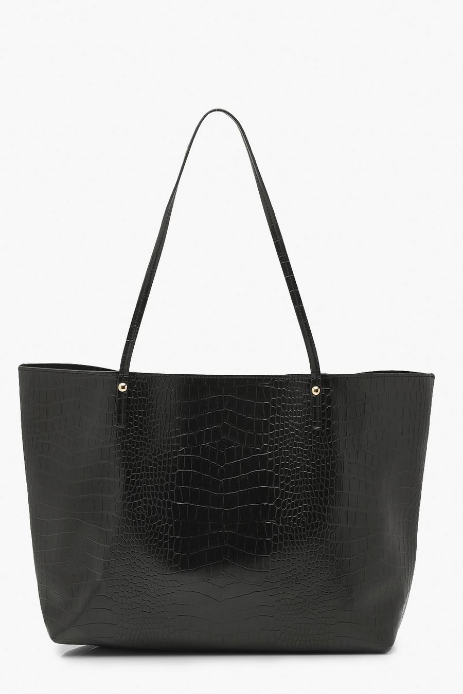 Black Shoppingväska i mjuk PU med krokodilskinnseffekt image number 1