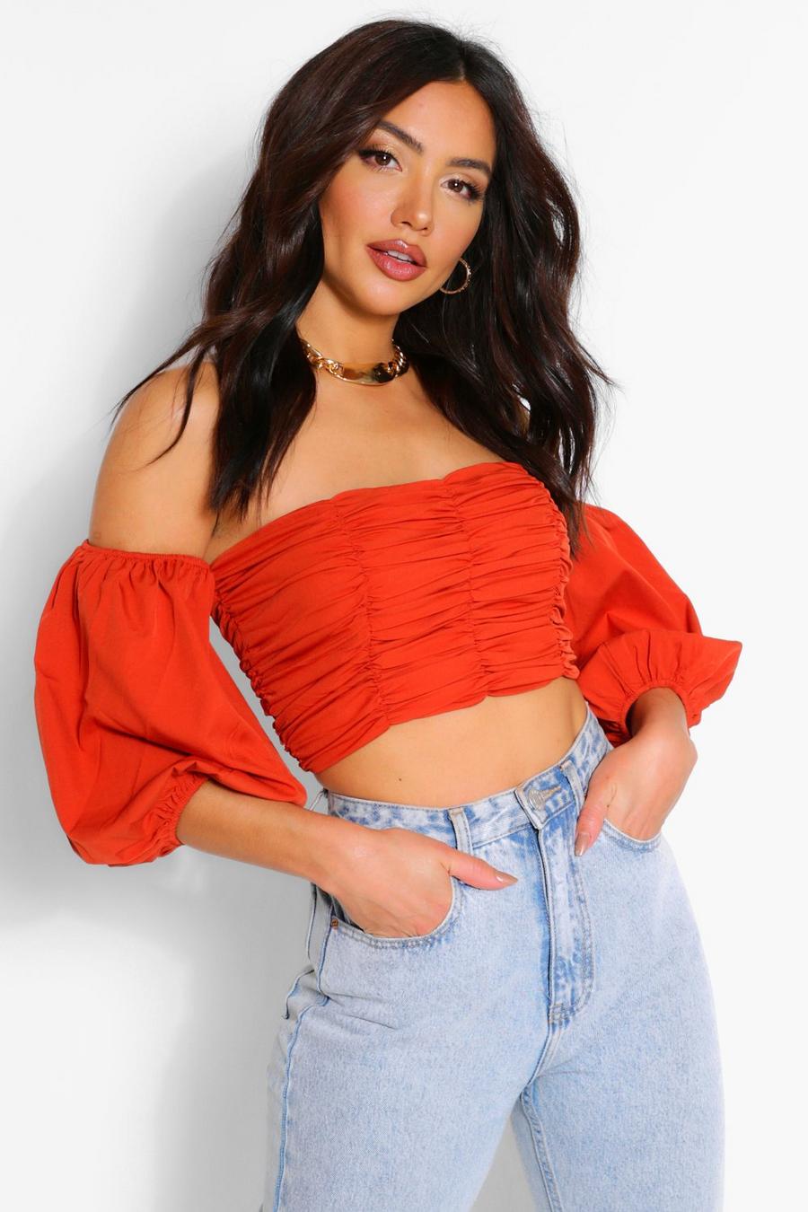Brick Ruched Puff Sleeve Off The Shoulder Crop Top image number 1
