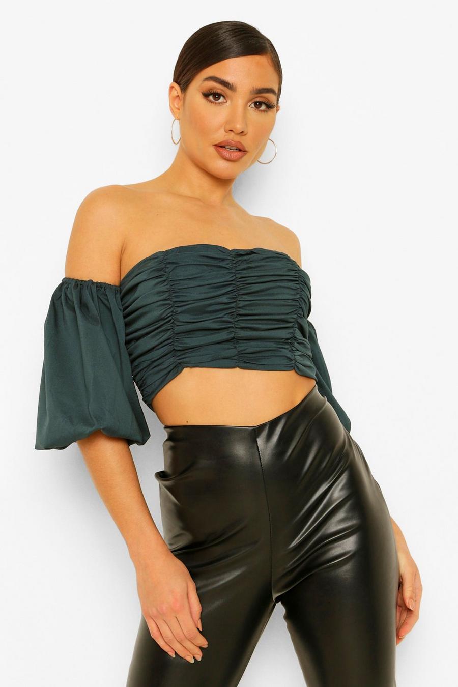 Teal Ruched Puff Sleeve Off The Shoulder Crop Top image number 1