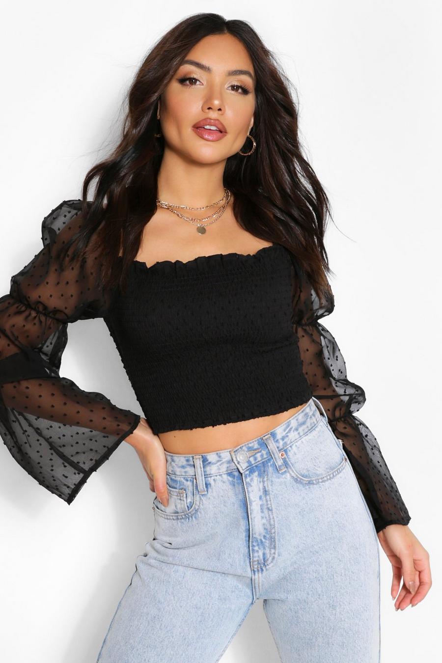 Gerafftes Crop Top aus Dobby-Chiffon, Schwarz image number 1