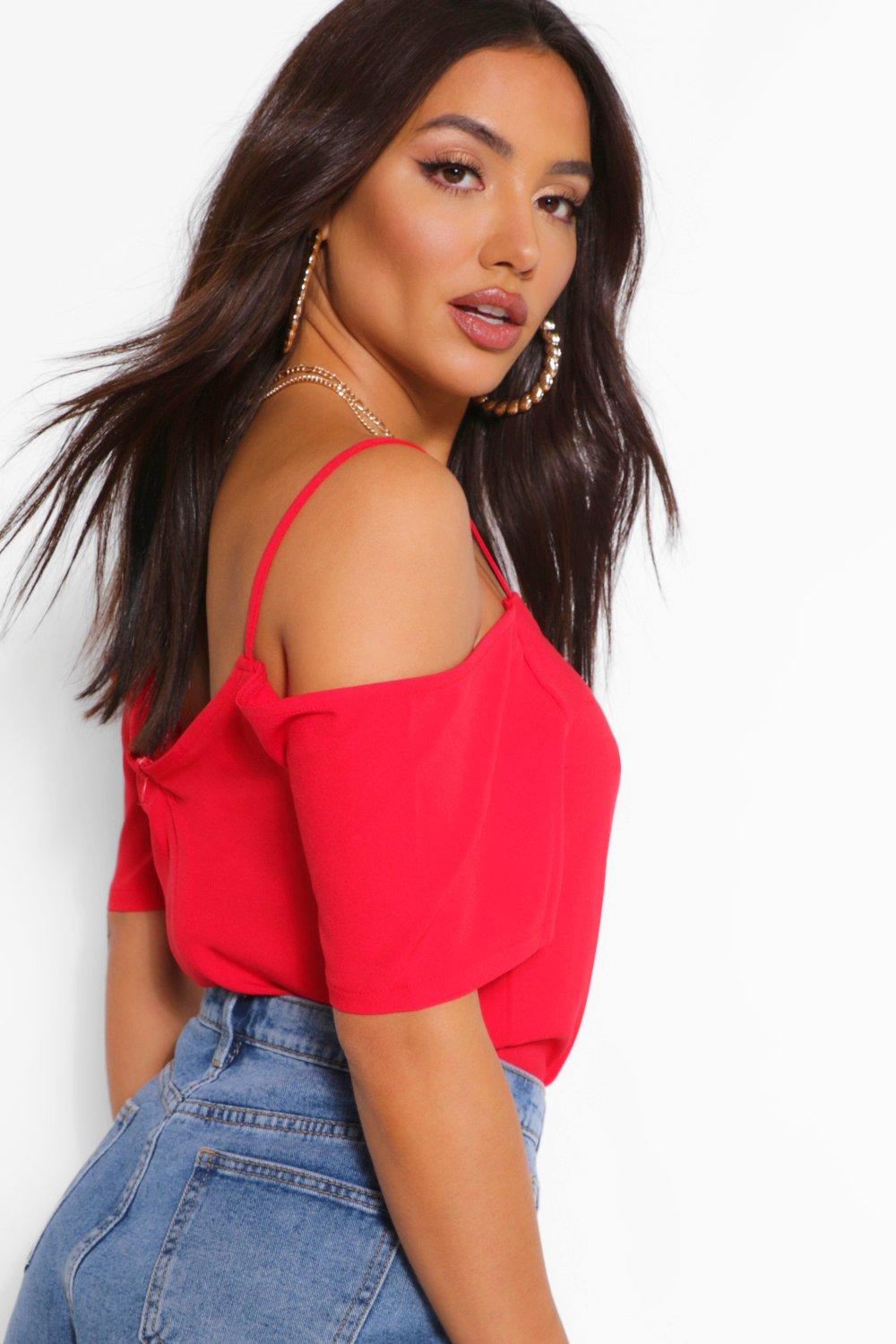 Black Woven Cold Shoulder Top boohoo UK