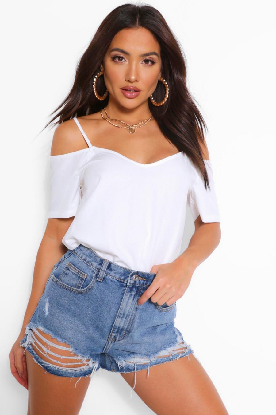 White Woven Cold Shoulder Top image number 1
