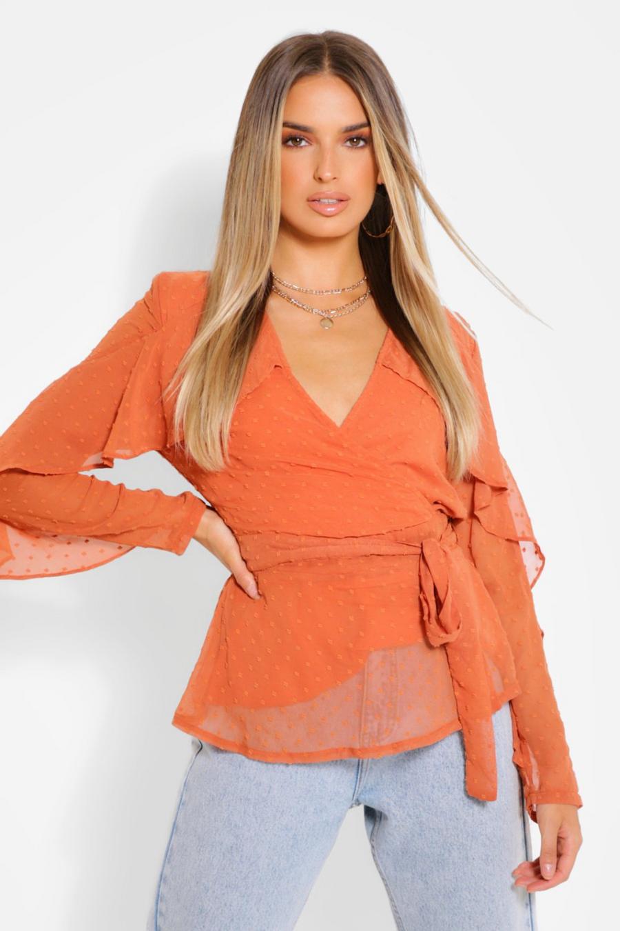 Terracotta Dobby Chiffon Blouse Met Ruches image number 1
