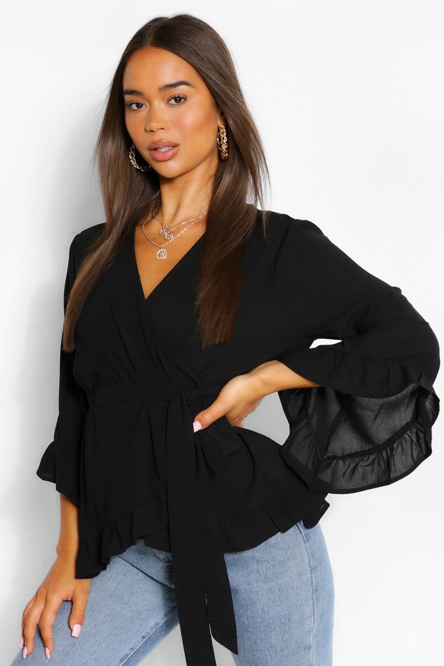Black Woven Ruffle Wrap Blouse image number 1