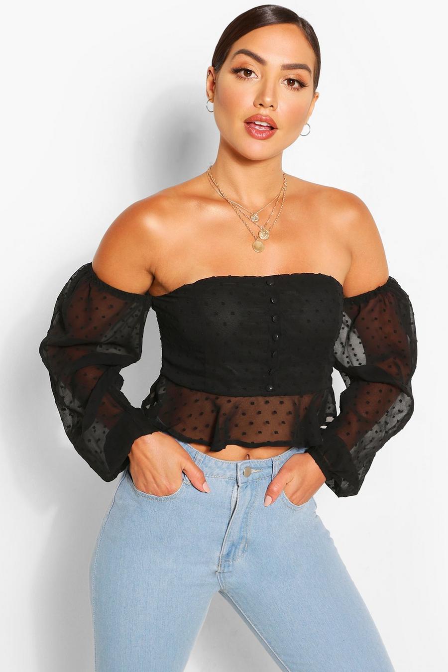 Black Dobby chiffon off the shoulder top image number 1