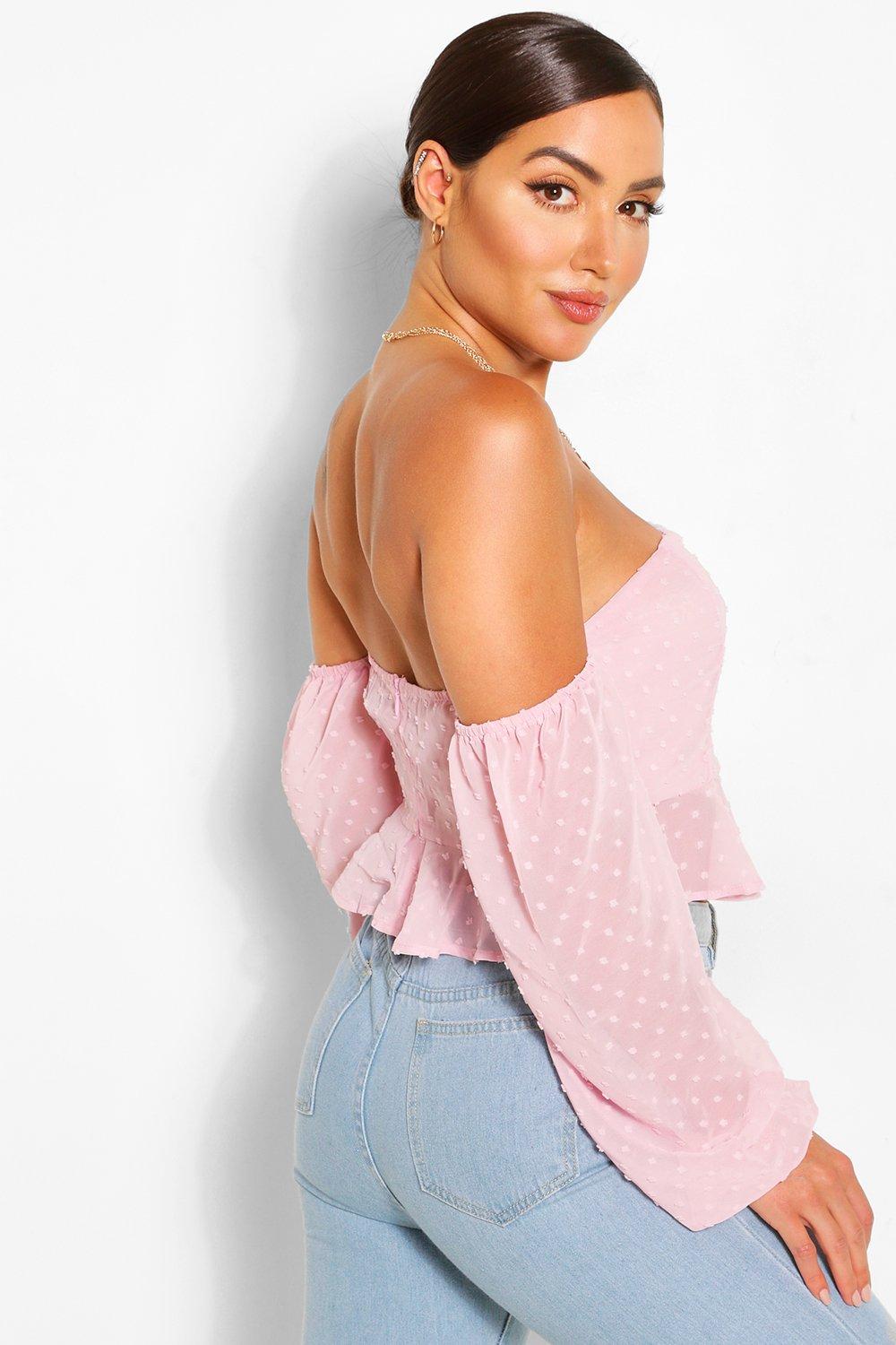 Dobby chiffon off the shoulder top boohoo IE