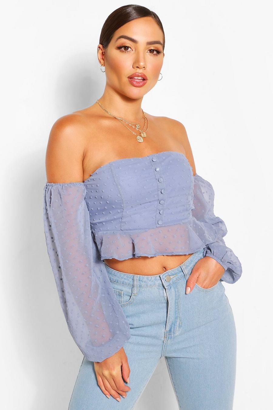 Blue Dobby chiffon off the shoulder top image number 1