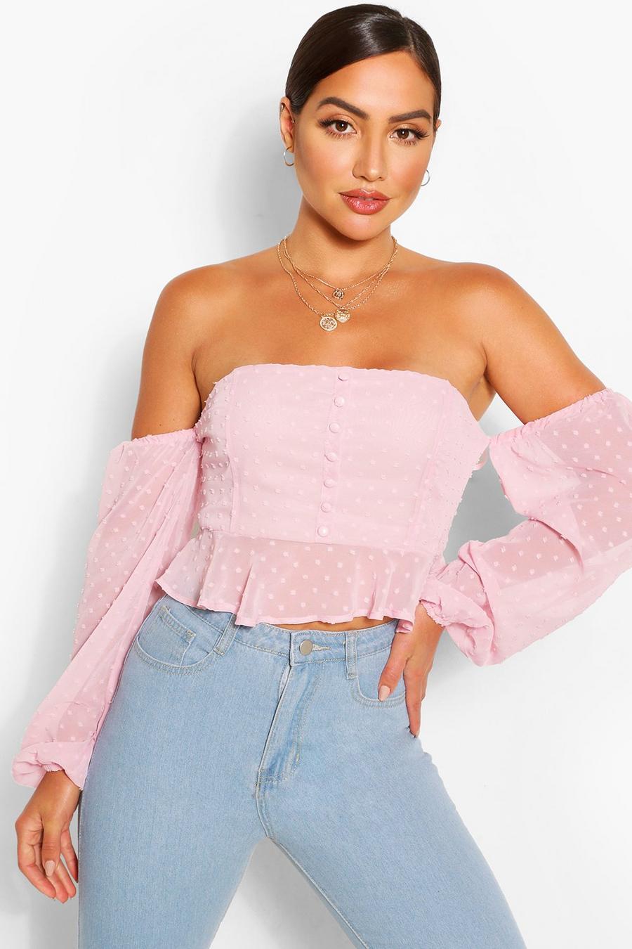 Mauve Dobby chiffon off the shoulder top image number 1