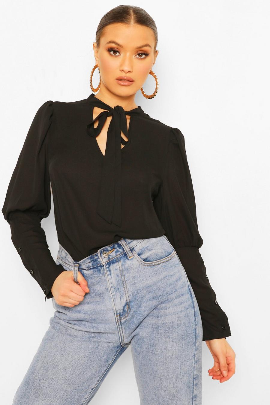 Black Woven tie neck blouse image number 1
