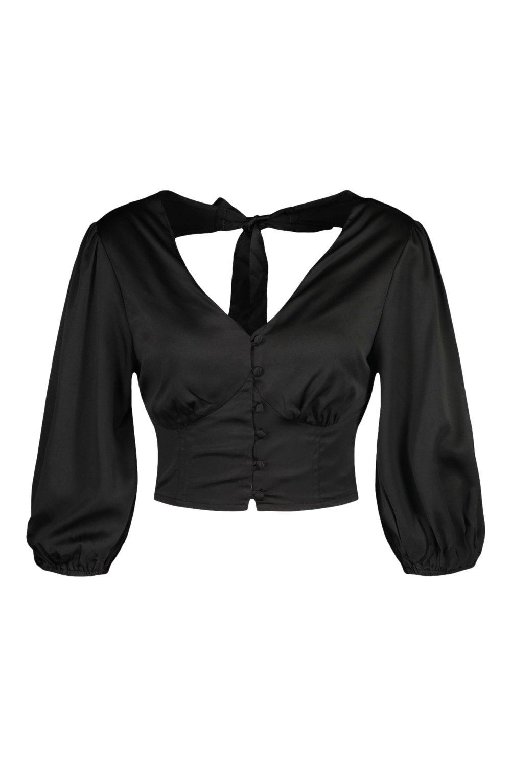 SATIN EFFECT TOP WITH BACK BOW - Black