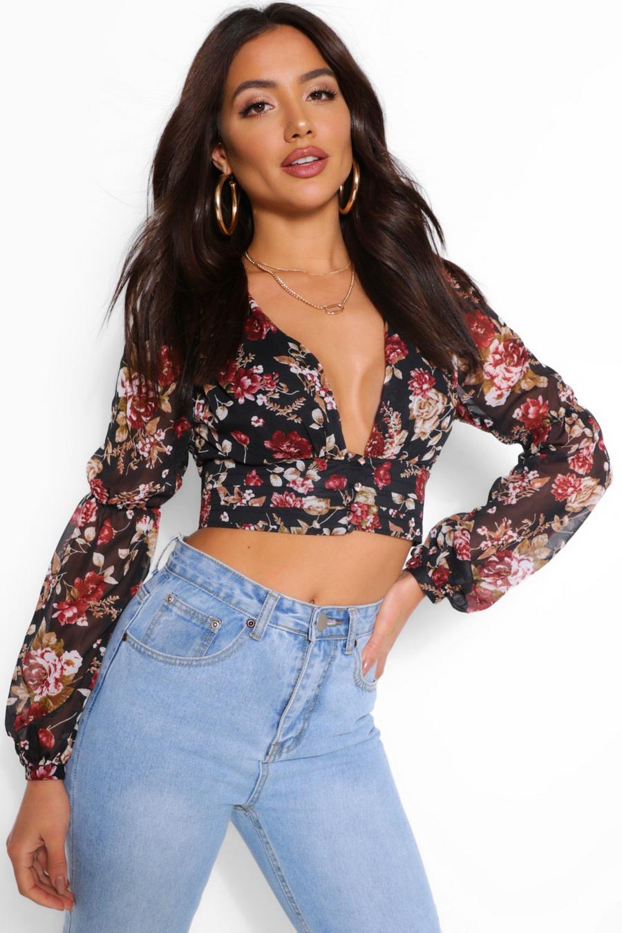 Black Woven floral ruffle crop top image number 1