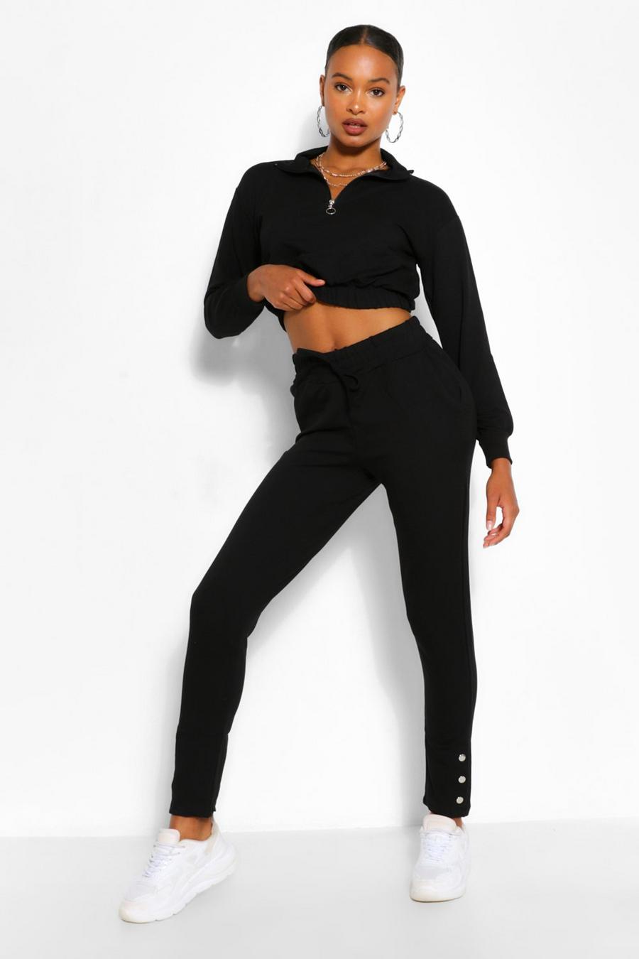 שחור חליפת טרנינג קרופ מבד סווטשירט עם רוכסן ומכנסי ריצה image number 1