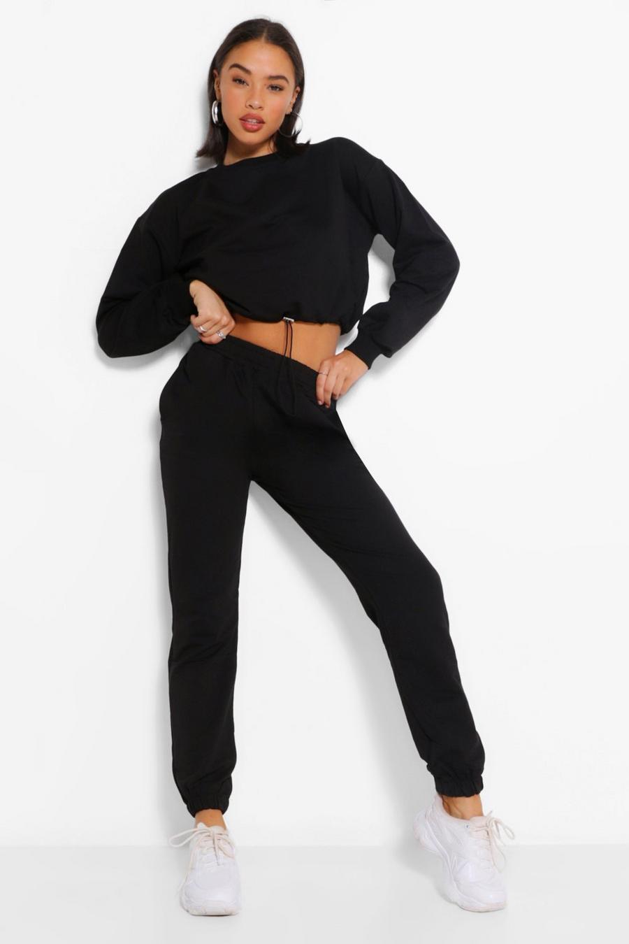 שחור חליפת טרנינג קרופ מבד סווטשרט ומכנסי ריצה image number 1