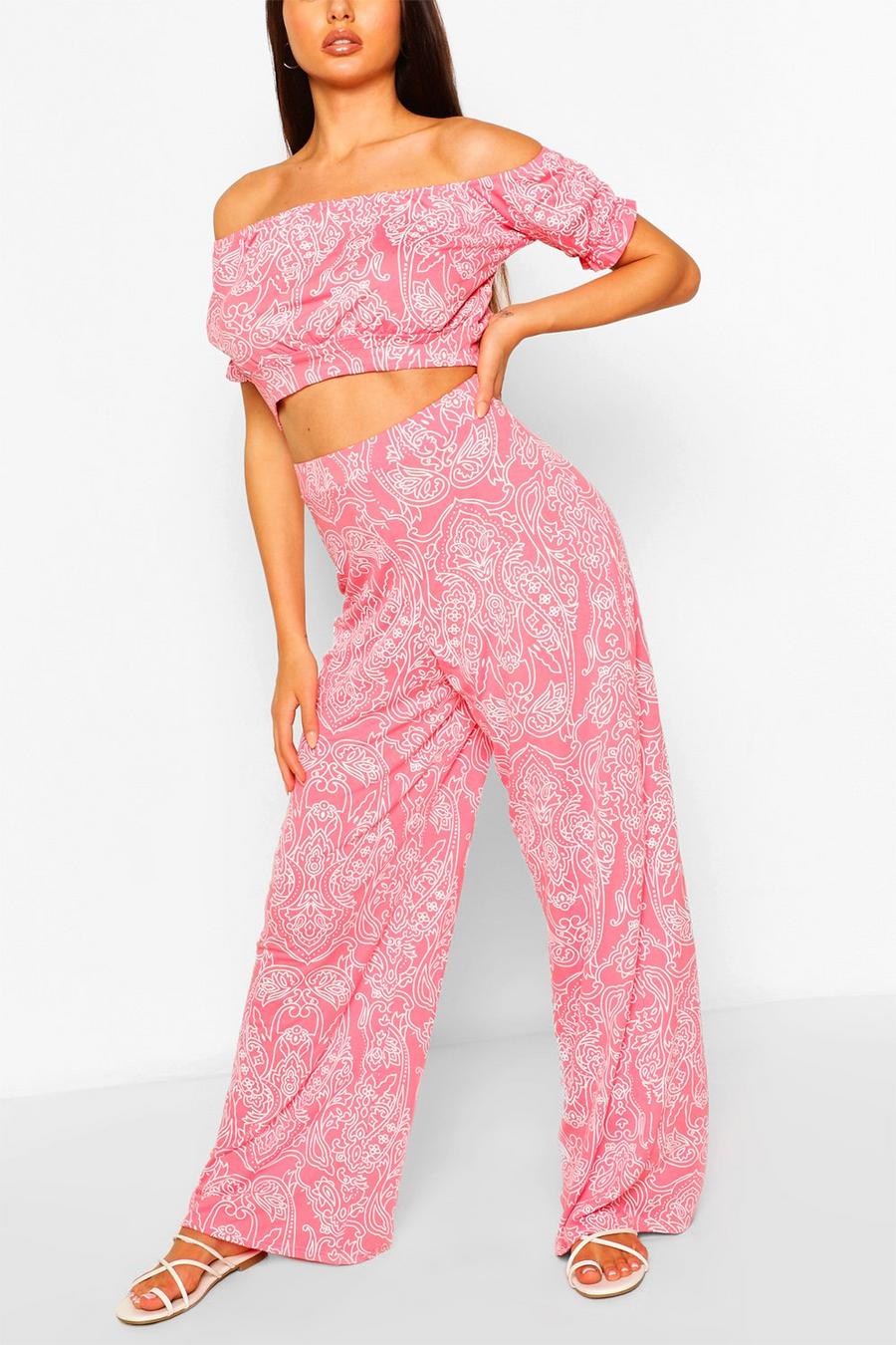 Coral Paisley Print Off The Shoulder Top & Wide Leg Pants Two-Piece image number 1
