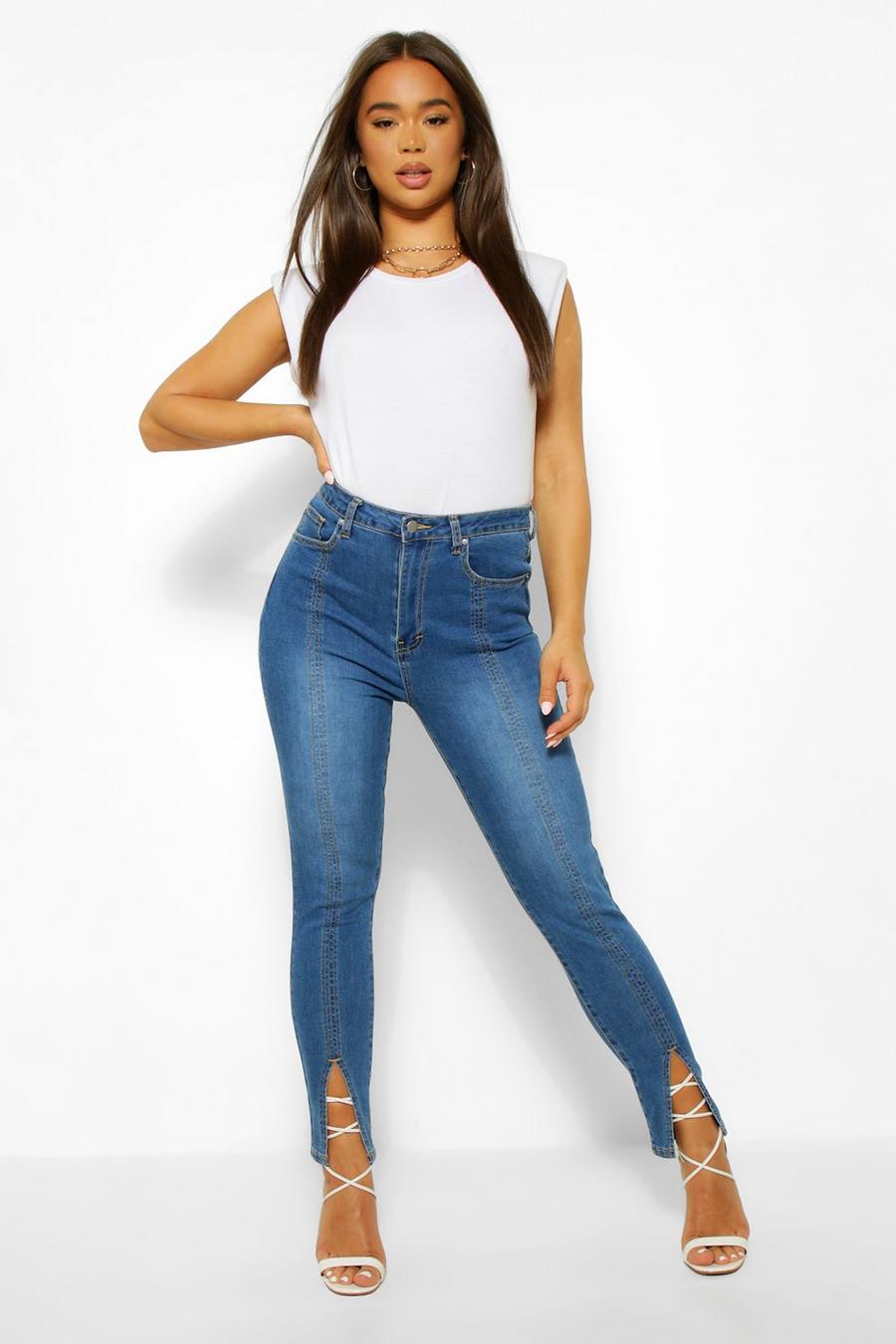 Skinny Jeans mit Frontnähten, Mittelblau image number 1