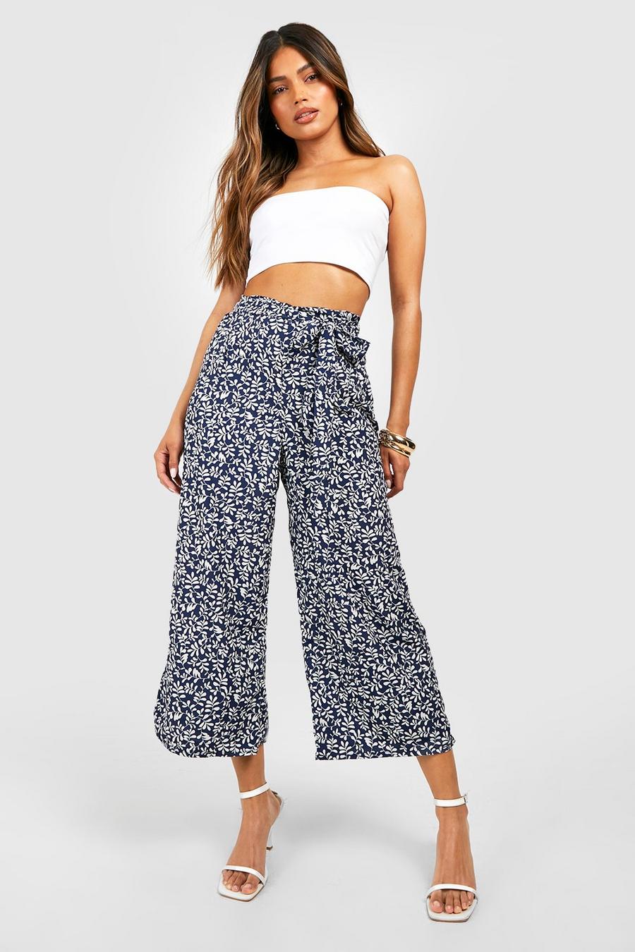 Dark navy Belted Floral Culotte Trousers image number 1