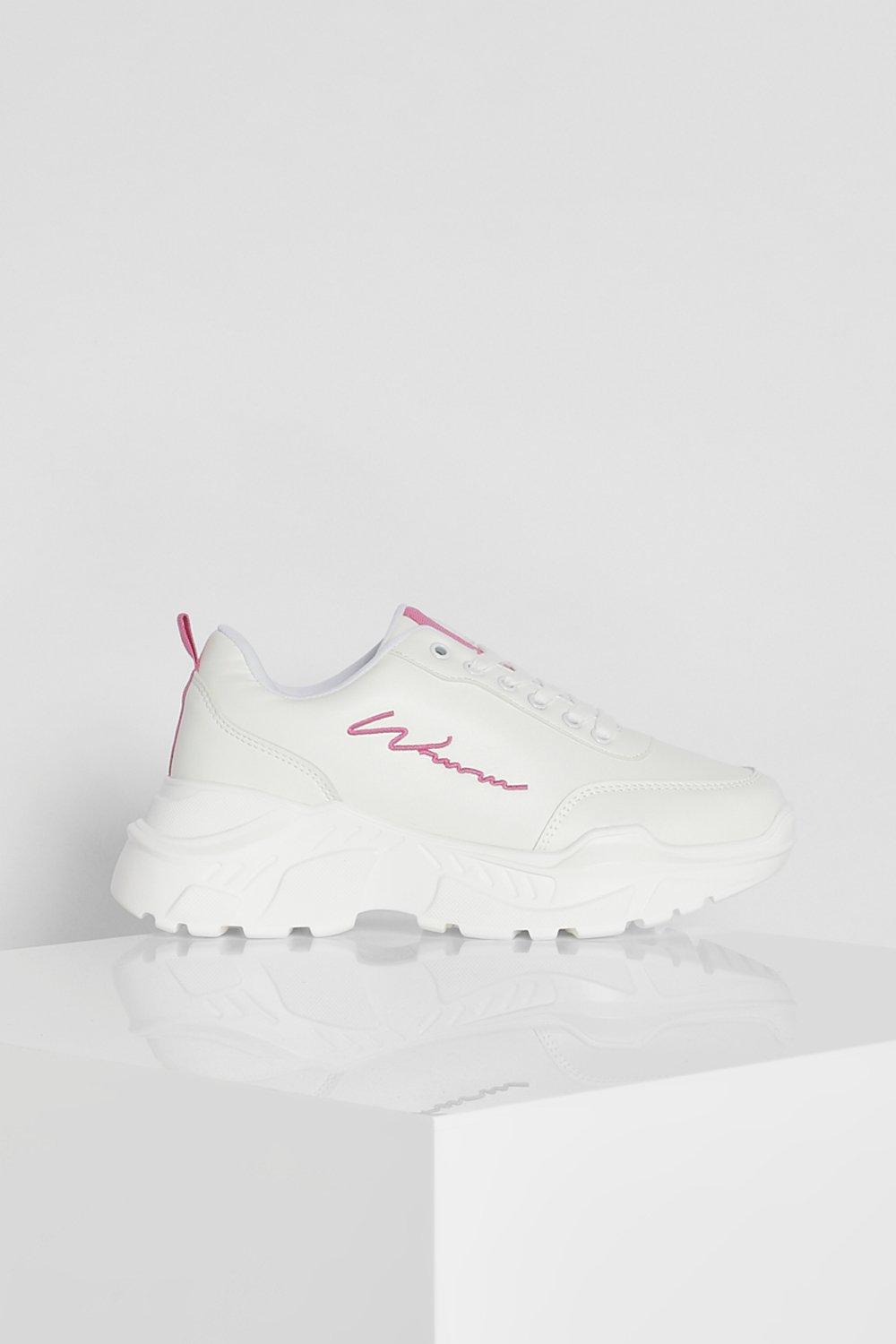 white and pink chunky trainers