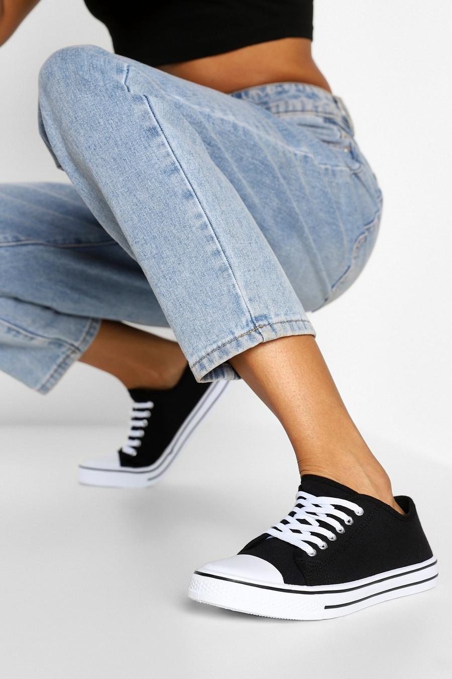Black Lace Up Canvas Flat Sneakers image number 1