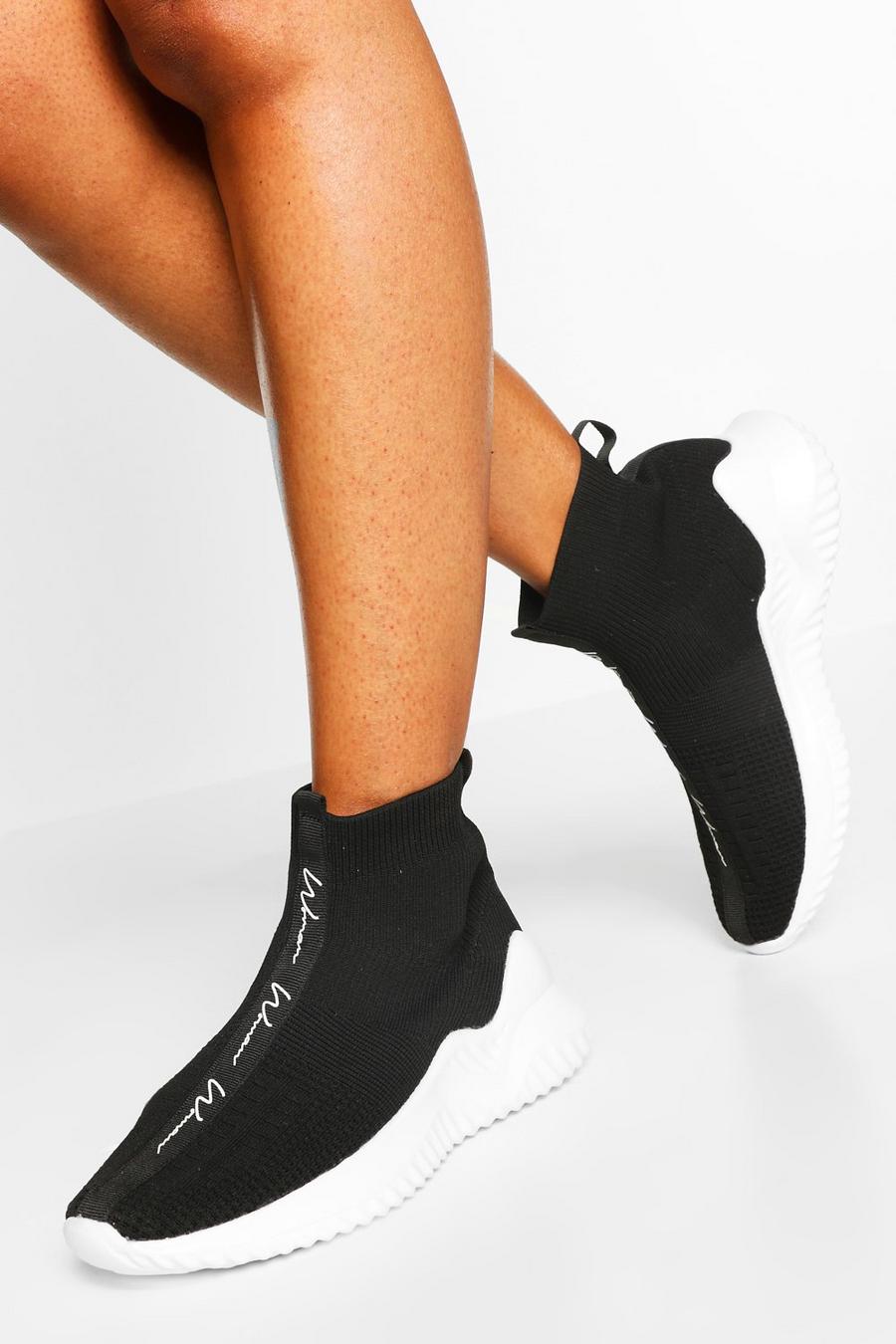 Socken-Sneaker aus Strick mit Woman-Schriftzug, Schwarz noir