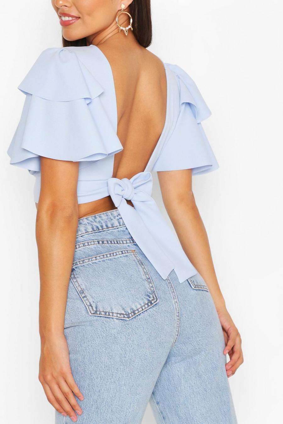 Sky Crepe Ruffle Detail Open Back Ruffle Crop Top image number 1