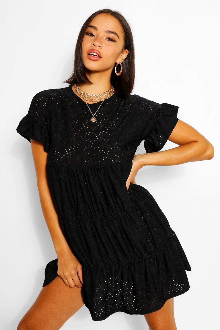 Black Jersey Broderie Frill Sleeve Tiered Smock Dress image number 1