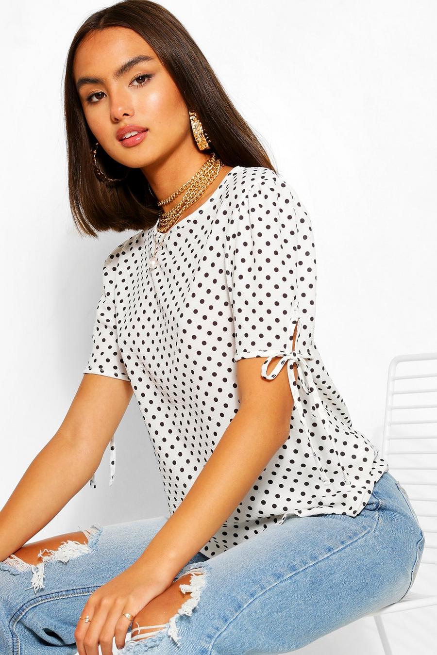 Woven Polka Dot Tie Detail Blouse image number 1
