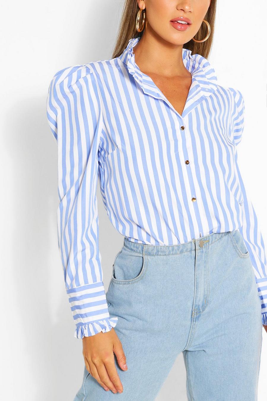 Camisa de algodón a rayas con volantes en el cuello, Azul image number 1