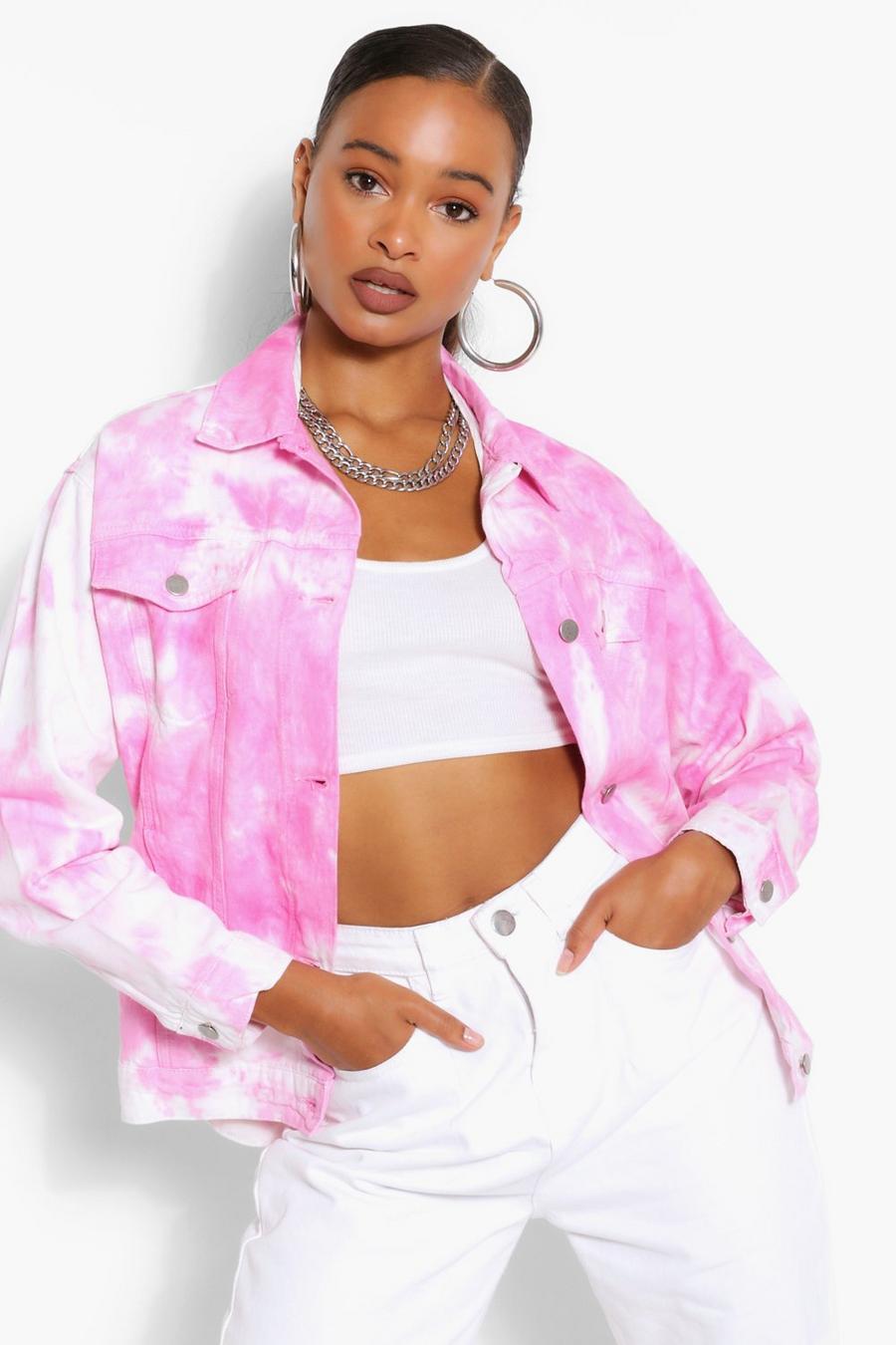 Pink Oversize jeansjacka med batikmönster image number 1