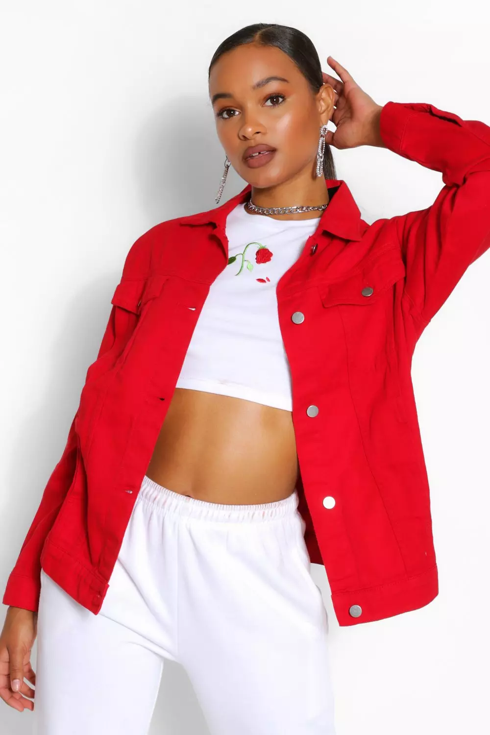 Boohoo red shop denim jacket