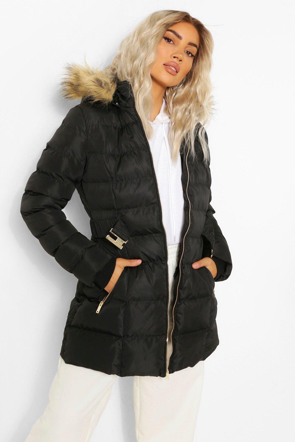 Women's halitech microfiber puffer with store bib faux fur trim hood coat