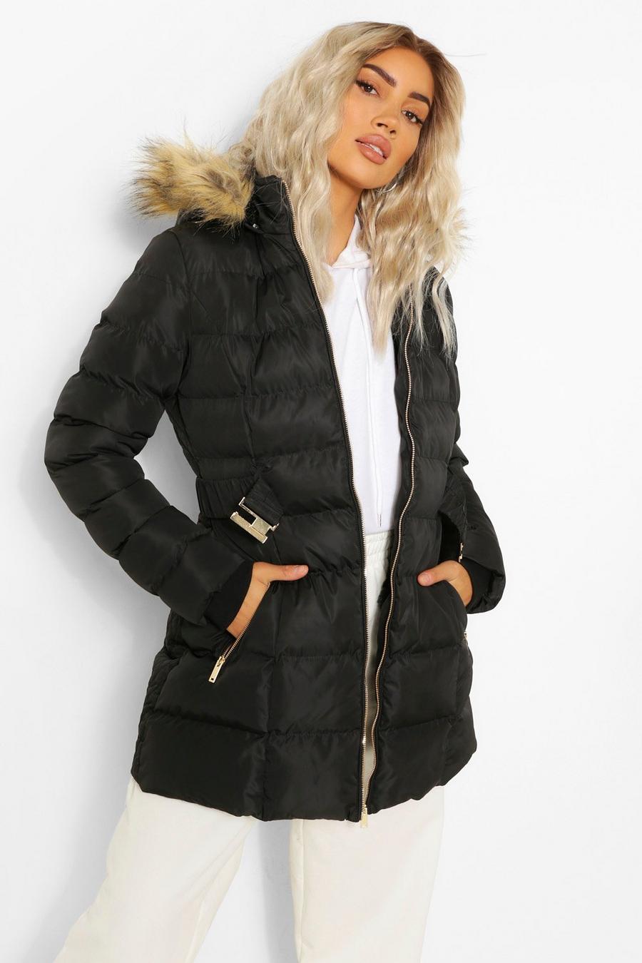 Women's Faux Fur Trim Hooded Belted Puffer Jacket | Boohoo UK