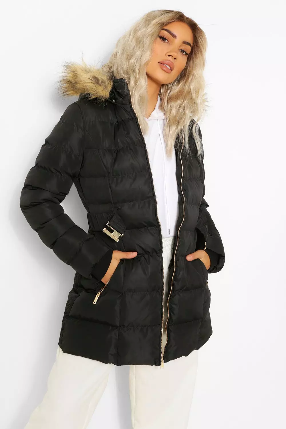 Black faux fur shop hooded belted puffer coat