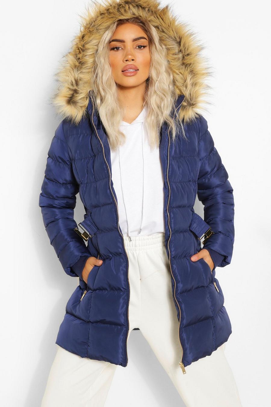 Navy Faux Fur Trim Hooded Belted Puffer Coat