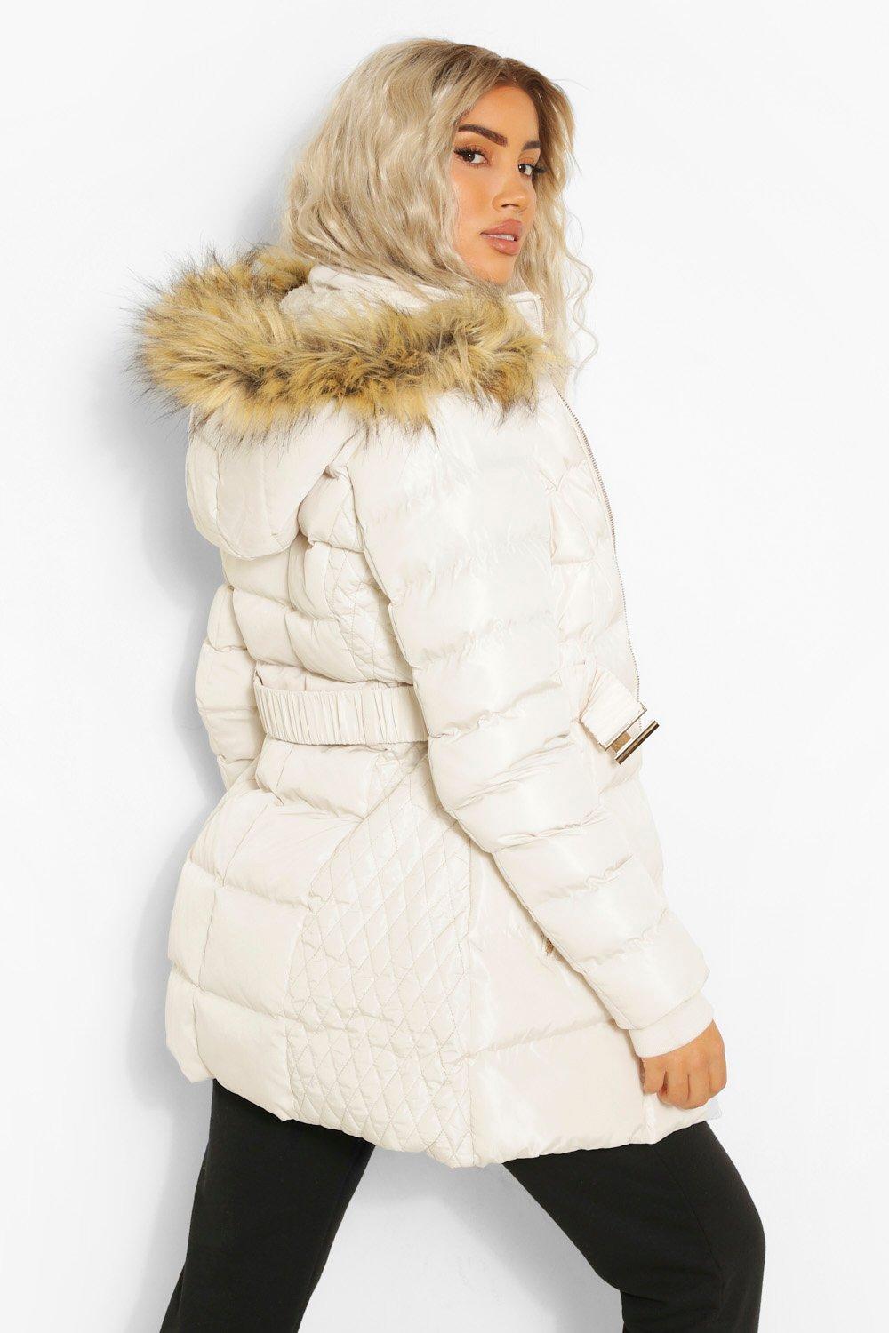 Belted fur hood discount coat