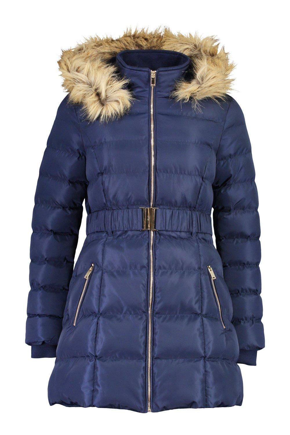 black belted puffer coat with fur hood