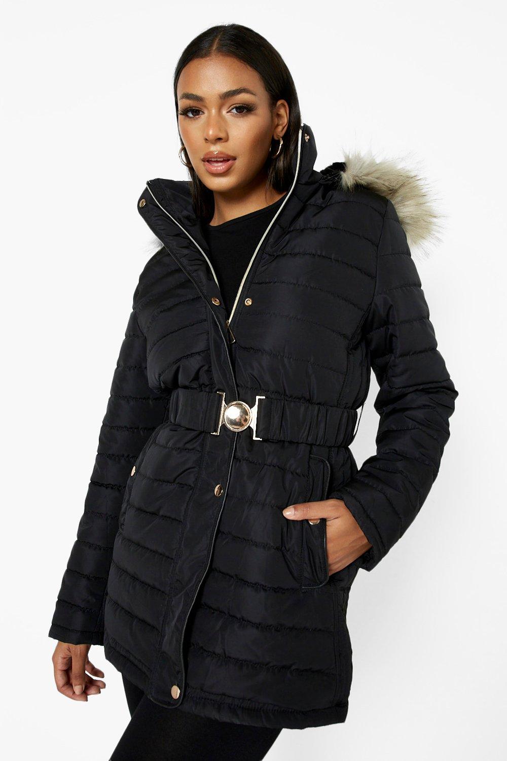 Puffer coat with belt and fur hood on sale